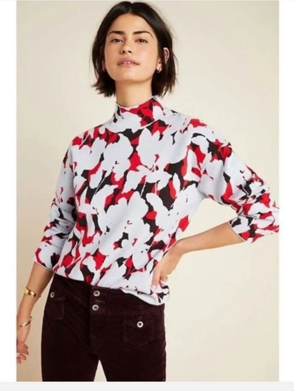Anthropologie Lizzy Mock Neck Abstract Floral Pullover Red Medium